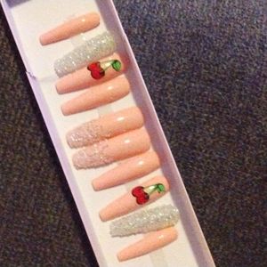 Cherry inspired glittery nails